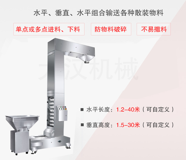 Z型斗式提升機主要用于水平、垂直、水平組合輸送散裝物料，不易撒料、物料破損率低、能單點或多點下料
