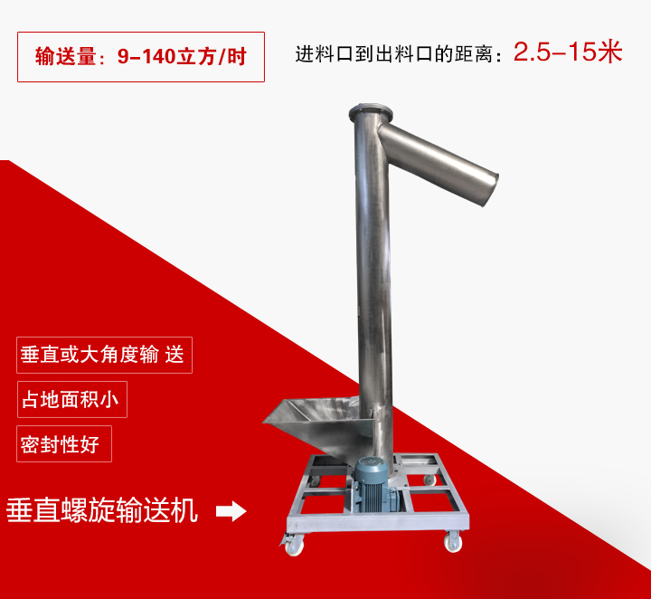 垂直螺旋輸送機用于垂直或大傾角輸送物料，輸送高度可達15米